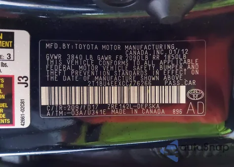 2012 Toyota Corolla S from USA, damaged, VIN 2T1BU4EEXCC776266